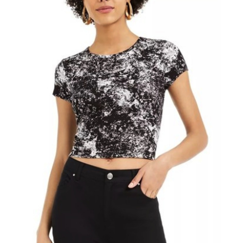 Bar III Black White Marble Print Ribbed Knit‎ Cropped Tee Shirt Top XL